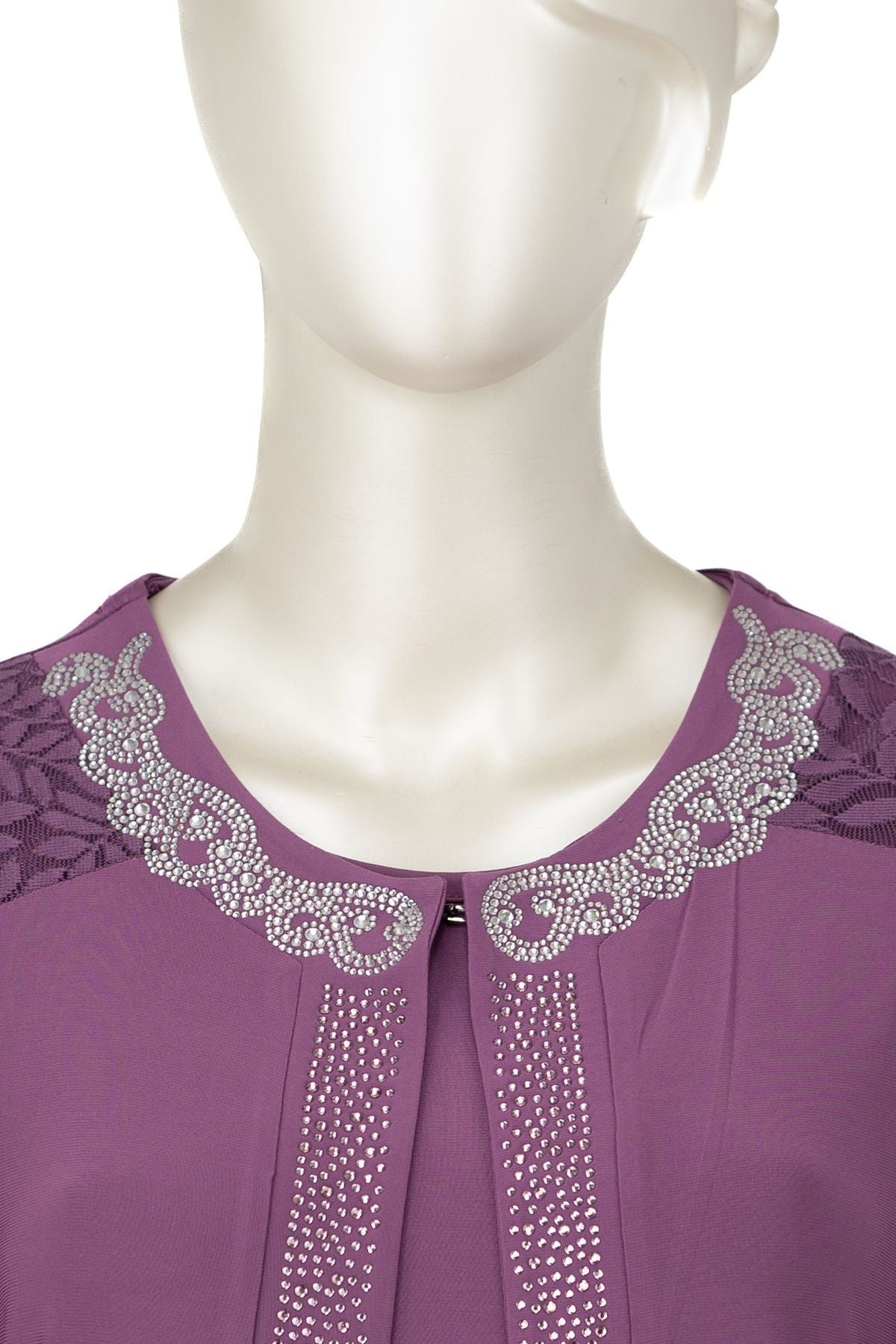 Kadın Elmas Kolyeli Yuvarlak Yaka Taşlı Likralı Sandy Kumaş Yelekli Takım Anne Abiye Elbise